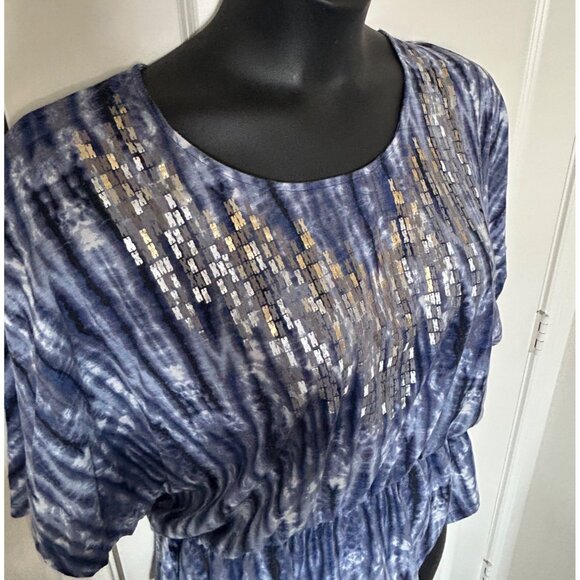 Miss Tina Tie-Dye Blue Blouse With Sequin Embellished Front & Elastic Waist L - Picture 3 of 7